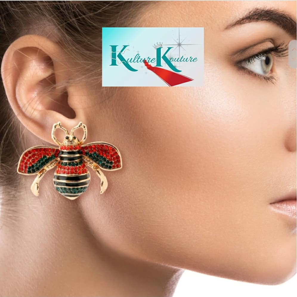 Bee Inspired Bee Earrings RED, GREEN AND BLACK RHINESTONE