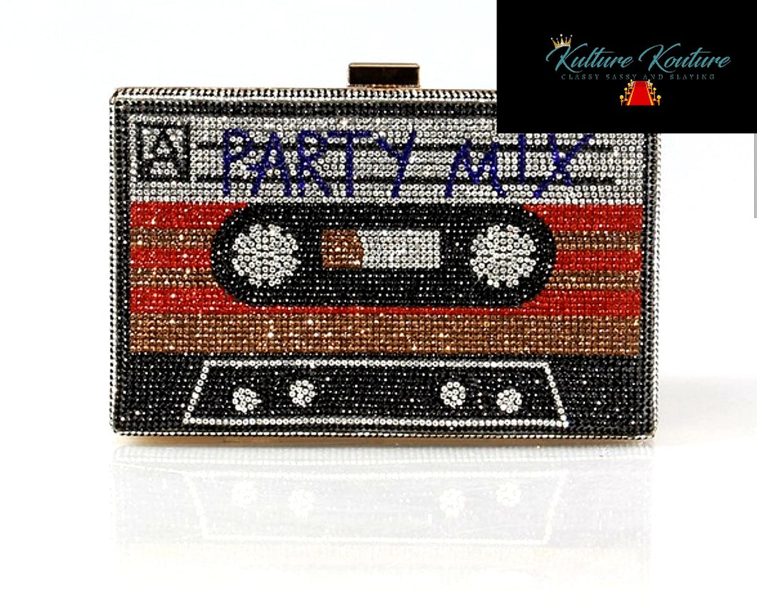 80's Rock Mixed Tape Rhinestone Cassette Clutches with Removable Straps