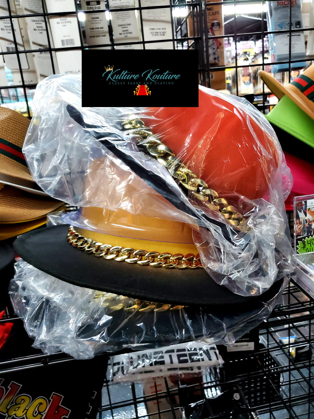 Black and Burnt Orange Ombre Fedora with Chain