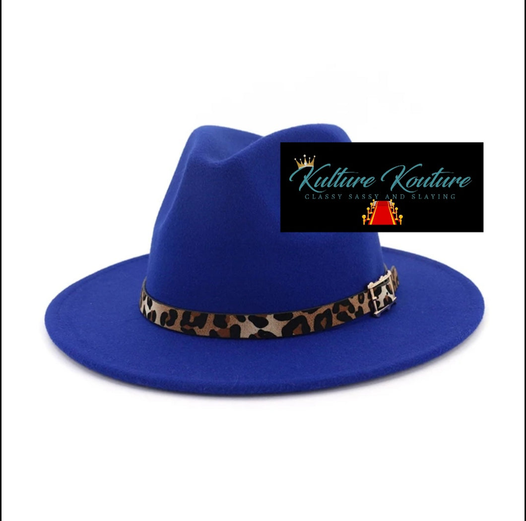 Royal Blue Fedora Hat with Removable Leopard Belt