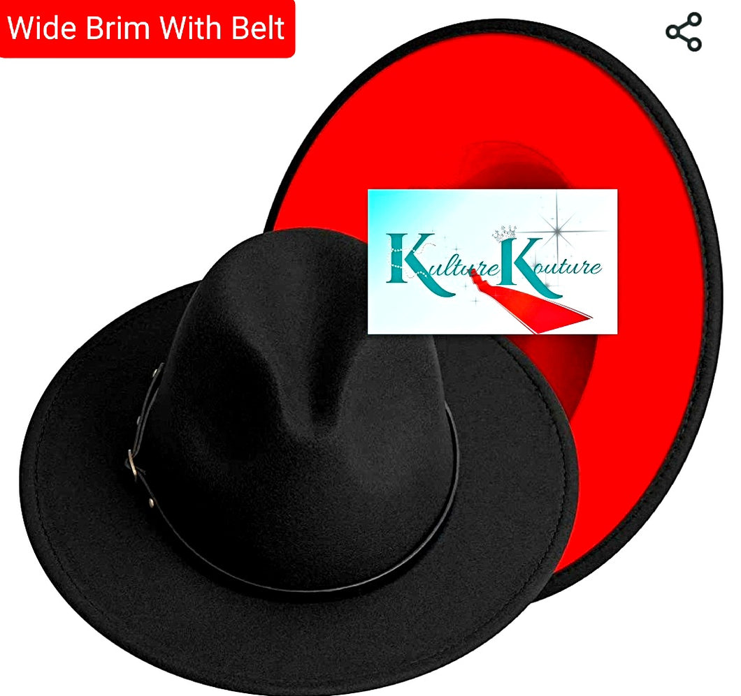 Black and Red Wide Brim Unisex Fedora Hat With Black Belt