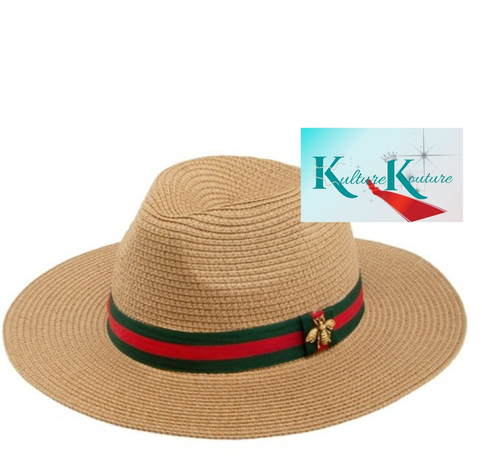 Khaki Straw Bee Stripe Fedora Hat