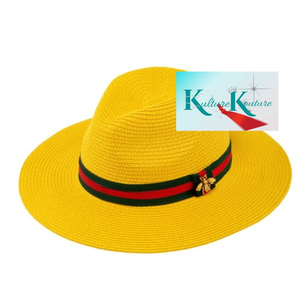 Yellow Bee Strip Straw Fedora Hat